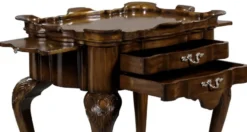 Casa Padrino Luxus Barock Beistelltisch mit 2 Schubladen und abnehmbarem Tablett Braun 82 x 62 x H. 80 cm - Eleganter Mahagoni Teetisch - Barock Wohnzimmer Möbel - Luxus Qualität