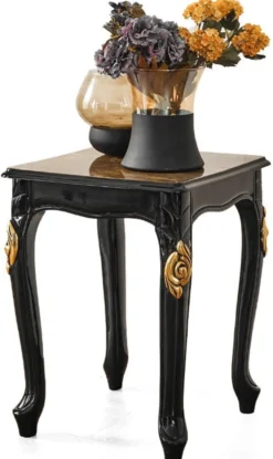 Casa Padrino Luxus Barock Beistelltisch Braun / Schwarz / Gold 46 x 44 x H. 60 cm - Prunkvoller Massivholz Tisch mit Tischplatte in Marmoroptik - Barock Wohnzimmer Möbel