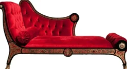 Casa Padrino Luxus Barock Boulle Chaiselongue Rot / Schwarz / Gold 180 x 75 x H. 106 cm - Handgefertigte Massivholz Recamiere mit edlem Samtstoff - Barock Möbel - Luxus Qualität