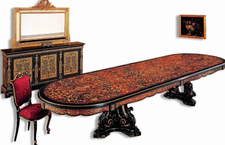 Casa Padrino Luxus Barock Boulle Esstisch Schwarz / Rot / Gold 400 x 130 x H. 80 cm - Handgefertigter Massivholz Esszimmertisch - Barock Esszimmer Möbel - Edel & Prunkvoll