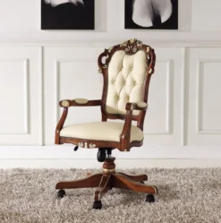 Casa Padrino Luxus Barock Bürostuhl Beige / Braun / Gold 57 x 48 x H. 107-117 cm - Höhenverstellbarer Schreibtischstuhl mit Echtleder - Barock Büro Möbel - Luxus Qualität - Made in Italy