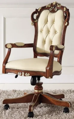 Casa Padrino Luxus Barock Bürostuhl Beige / Braun / Gold 57 x 48 x H. 107-117 cm - Höhenverstellbarer Schreibtischstuhl mit Echtleder - Barock Büro Möbel - Luxus Qualität - Made in Italy