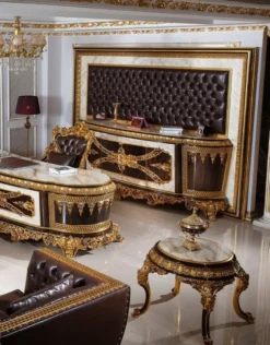 Casa Padrino Luxus Barock Büromöbel Set Weiß / Dunkelbraun / Gold - 1 Barock Schreibtisch mit Marmoroptik & 1 Barock Bürostuhl mit edlem Kunstleder - Prunkvolle Barock Büromöbel