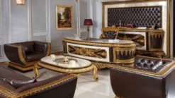Casa Padrino Luxus Barock Büromöbel Set Weiß / Dunkelbraun / Gold - 1 Barock Schreibtisch mit Marmoroptik & 1 Barock Bürostuhl mit edlem Kunstleder - Prunkvolle Barock Büromöbel