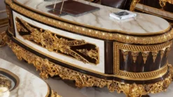 Casa Padrino Luxus Barock Büromöbel Set Weiß / Dunkelbraun / Gold - 1 Barock Schreibtisch mit Marmoroptik & 1 Barock Bürostuhl mit edlem Kunstleder - Prunkvolle Barock Büromöbel