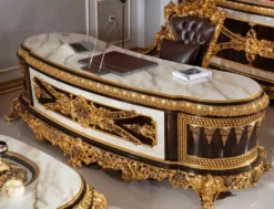 Casa Padrino Luxus Barock Büromöbel Set Weiß / Dunkelbraun / Gold - 1 Barock Schreibtisch mit Marmoroptik & 1 Barock Bürostuhl mit edlem Kunstleder - Prunkvolle Barock Büromöbel