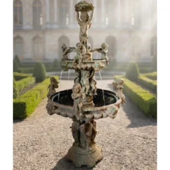 Casa Padrino Luxus Barock Bronze Springbrunnen Engel Beige Ø 145 x H. 250 cm - Prunkvoller Gartenbrunnen - Garten Deko Brunnen