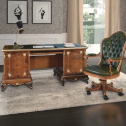 Casa Padrino Luxus Barock Chesterfield Leder Schreibtischstuhl Grün / Braun / Gold - Made in Italy