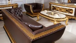 Casa Padrino Luxus Barock Chesterfield Sofa Dunkelbraun / Gold - Prunkvolles Wohnzimmer Sofa mit edlem Kunstleder - Barock Chesterfield Wohnzimmer Möbel