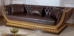 Casa Padrino Luxus Barock Chesterfield Sofa Dunkelbraun / Gold - Prunkvolles Wohnzimmer Sofa mit edlem Kunstleder - Barock Chesterfield Wohnzimmer Möbel