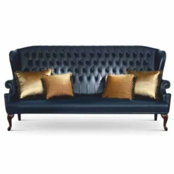 Casa Padrino Luxus Barock Chesterfield Leder Hochlehn Sofa Blau / Dunkelbraun 220 cm - Made in Italy