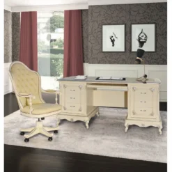 Casa Padrino Luxus Barock Chesterfield Leder Schreibtischstuhl Creme / Silber - Made in Italy