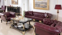 Casa Padrino Luxus Barock Chesterfield Sofa Bordeauxrot / Schwarz / Gold - Prunkvolles Wohnzimmer Sofa mit edlem Kunstleder - Barock Chesterfield Wohnzimmer Möbel