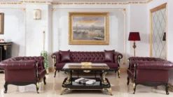 Casa Padrino Luxus Barock Chesterfield Sofa Bordeauxrot / Schwarz / Gold - Prunkvolles Wohnzimmer Sofa mit edlem Kunstleder - Barock Chesterfield Wohnzimmer Möbel