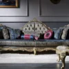 Casa Padrino Luxus Barock Chesterfield Sofa Dunkelblau / Antik Gold 300 x 90 x H. 119 cm - Prunkvolles Barock Wohnzimmer Sofa - Barockmöbel