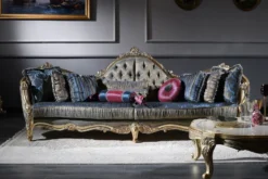 Casa Padrino Luxus Barock Chesterfield Sofa Dunkelblau / Antik Gold 300 x 90 x H. 119 cm - Prunkvolles Barock Wohnzimmer Sofa - Barockmöbel