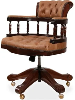 Casa Padrino Luxus Barock Chesterfield Leder Schreibtischstuhl Hellbraun / Dunkelbraun - Höhenverstellbarer Echtleder Bürostuhl - Büro Möbel - Edel & Prunkvoll