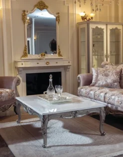 Casa Padrino Luxus Barock Couchtisch Weiß / Silber 129 x 93 x H. 44 cm - Rechteckiger Massivholz Wohnzimmertisch im Barockstil - Barock Wohnzimmer Möbel