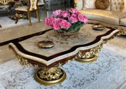 Casa Padrino Luxus Barock Couchtisch Weiß / Braun / Gold - Handgefertigter Massivholz Tisch im Barockstil - Barock Wohnzimmer Möbel - Edel & Prunkvoll