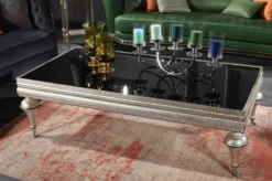 Casa Padrino Luxus Barock Couchtisch Schwarz / Silber - Prunkvoller Massivholz Wohnzimmertisch mit Glasplatte - Barock Wohnzimmer Möbel