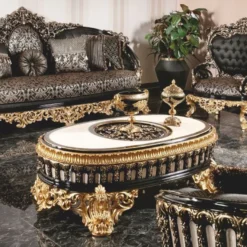 Casa Padrino Luxus Barock Couchtisch Schwarz / Weiß / Gold 145 cm - Ovaler Barockstil Wohnzimmertisch - Barockstil Wohnzimmer Möbel