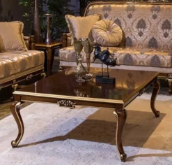 Casa Padrino Luxus Barock Couchtisch Braun / Gold 129 x 94 x H. 46 cm - Eleganter Massivholz Wohnzimmertisch - Barock Wohnzimmer Möbel