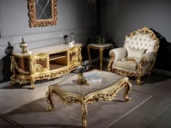 Casa Padrino Luxus Barock Couchtisch Creme / Beige / Braun / Gold 120 x 82 x H. 47 cm - Edler Massivholz Wohnzimmertisch im Barockstil - Prunkvolle Barock Möbel