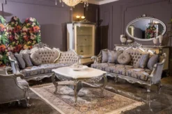 Casa Padrino Luxus Barock Couchtisch Weiß / Silber 118 x 89 x H. 58 cm - Massivholz Wohnzimmertisch - Barockstil Möbel