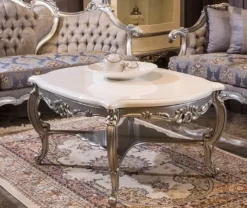 Casa Padrino Luxus Barock Couchtisch Weiß / Silber 118 x 89 x H. 58 cm - Massivholz Wohnzimmertisch - Barockstil Möbel