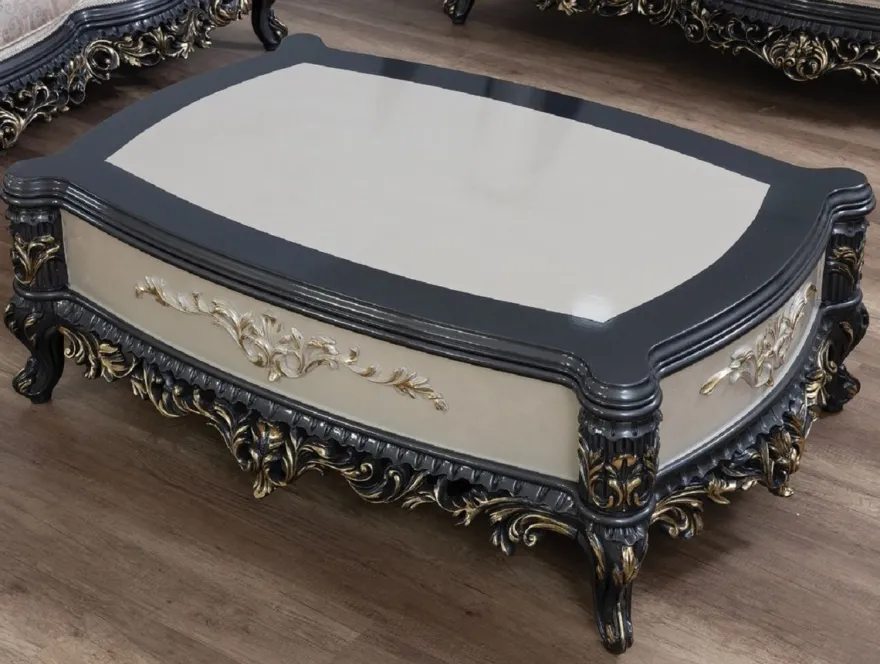 Casa Padrino Luxus Barock Couchtisch Creme / Grau / Gold - Handgefertigter Massivholz Wohnzimmertisch - Prunkvolle Massivholz Wohnzimmer Möbel im Barockstil