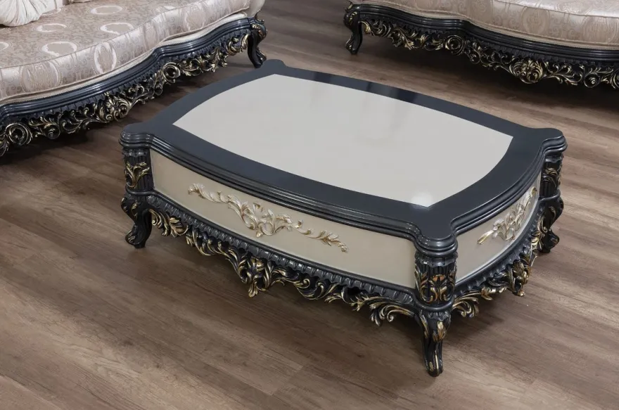 Casa Padrino Luxus Barock Couchtisch Creme / Grau / Gold - Handgefertigter Massivholz Wohnzimmertisch - Prunkvolle Massivholz Wohnzimmer Möbel im Barockstil