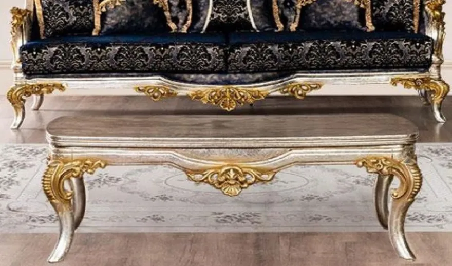 Casa Padrino Luxus Barock Couchtisch Silber / Gold - Massivholz Wohnzimmertisch im Barockstil - Barock Wohnzimmer Möbel - Edel & Prunkvoll