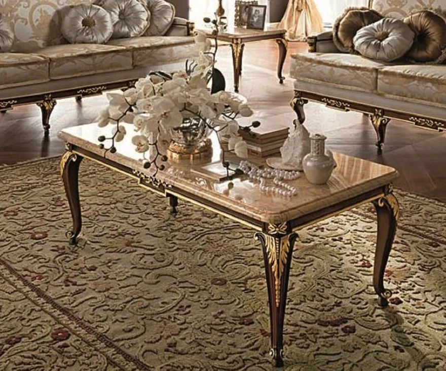 Casa Padrino Luxus Barock Couchtisch mit Marmorplatte Creme / Dunkelbraun / Gold - Prunkvoller Wohnzimmertisch im Barockstil - Barock Möbel - Edel & Prunkvoll - Luxus Qualität - Made in Italy