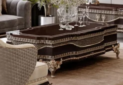 Casa Padrino Luxus Barock Couchtisch Dunkelbraun / Grau / Gold 156 cm