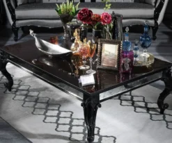Casa Padrino Luxus Barock Couchtisch Schwarz / Braun 140 x 90 x H. 46 cm - Edler Massivholz Wohnzimmertisch mit Glasplatte und Spiegelglas - Luxus Qualität - Made in Italy