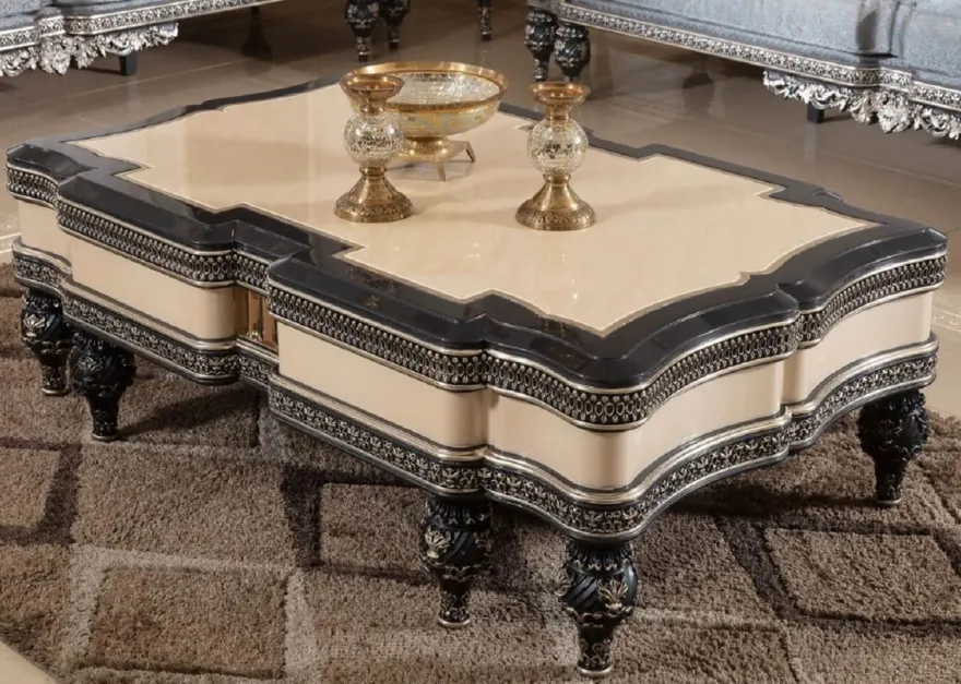 Casa Padrino Luxus Barock Couchtisch Beige / Schwarz / Gold - Prunkvoller Massivholz Wohnzimmertisch im Barockstil - Barock Wohnzimmer Möbel - Edel & Prunkvoll