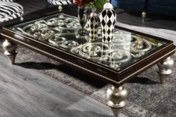 Casa Padrino Luxus Barock Couchtisch Dunkelbraun / Antik Silber 167 x 92 x H. 48 cm - Prunkvoller Massivholz Wohnzimmertisch mit Glasplatte - Luxus Qualität