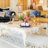 Casa Padrino Luxus Barock Couchtisch Beige / Weiß / Gold 145 x 145 x H. 45 cm - Prunkvoller Massivholz Wohnzimmertisch mit edlen Verzierungen - Barock Wohnzimmer Möbel