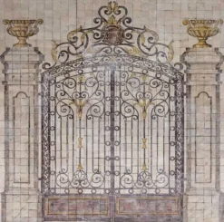 Casa Padrino Luxus Barock Deko Wandgemälde Das Prunkvolle Tor Beige / Mehrfarbig 290 x H. 310 cm - Handgefertigte & Handbemalte Naturstein Mosaik Fliesen - Barock Wanddeko