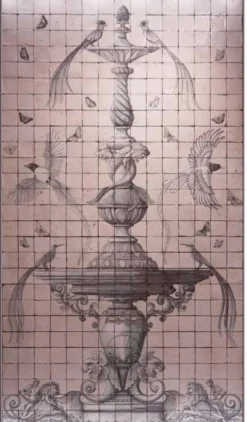 Casa Padrino Luxus Barock Deko Wandgemälde Brunnen & Vögel Rosa / Grau 155 x H. 280 cm - Handgefertigte & Handbemalte Naturstein Mosaik Fliesen - Barock Wanddeko - Edel & Prunkvoll