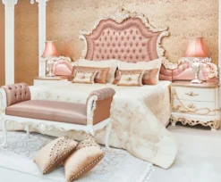 Casa Padrino Luxus Barock Doppelbett Rosa / Weiß / Creme / Kupferfarben 200 x 200 x H. 200 cm - Edles Massivholz Bett mit Kopfteil - Prunkvolle Schlafzimmer Möbel im Barockstil
