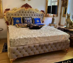 Casa Padrino Luxus Barock Doppelbett mit Matratze Grau / Gold / Braun - Prunkvolles Massivholz Bett - Luxus Schlafzimmer Möbel im Barockstil - Barock Möbel - Edel & Prunkvoll