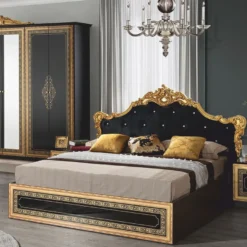 Casa Padrino Luxus Barock Doppelbett mit Glitzersteinen Schwarz / Gold - Barockstil Schlafzimmer Möbel