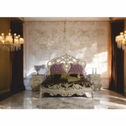Casa Padrino Luxus Barock Doppelbett mit 2 Nachtkommoden Creme / Gold / Lila - Made in Italy
