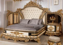 Casa Padrino Luxus Barock Doppelbett Gold / Weiß / Blau / Gold - Prunkvolles Massivholz Bett mit verspiegeltem Kopfteil - Schlafzimmer Möbel im Barockstil - Edel & Prunkvoll
