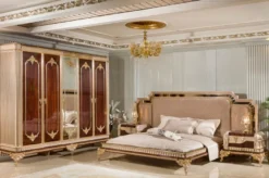Casa Padrino Luxus Barock Doppelbett mit 2 Nachtkommoden Grau / Dunkelbraun / Gold - Barock Möbel