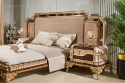 Casa Padrino Luxus Barock Doppelbett mit 2 Nachtkommoden Grau / Dunkelbraun / Gold - Barock Möbel