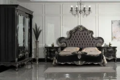 Casa Padrino Luxus Barock Doppelbett Anthrazit Grau / Schwarz / Silber - Prunkvolles Massivholz Bett - Luxus Schlafzimmer Möbel im Barockstil - Barock Schlafzimmer Möbel - Edel & Prunkvoll