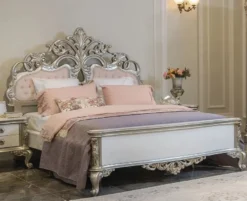 Casa Padrino Luxus Barock Doppelbett Rosa / Weiß / Silber 200 x 228 x H. 175 cm - Edles Massivholz Bett mit Kopfteil - Prunkvolle Schlafzimmer Möbel im Barockstil