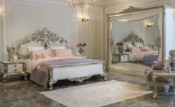 Casa Padrino Luxus Barock Doppelbett Rosa / Weiß / Silber 200 x 228 x H. 175 cm - Edles Massivholz Bett mit Kopfteil - Prunkvolle Schlafzimmer Möbel im Barockstil